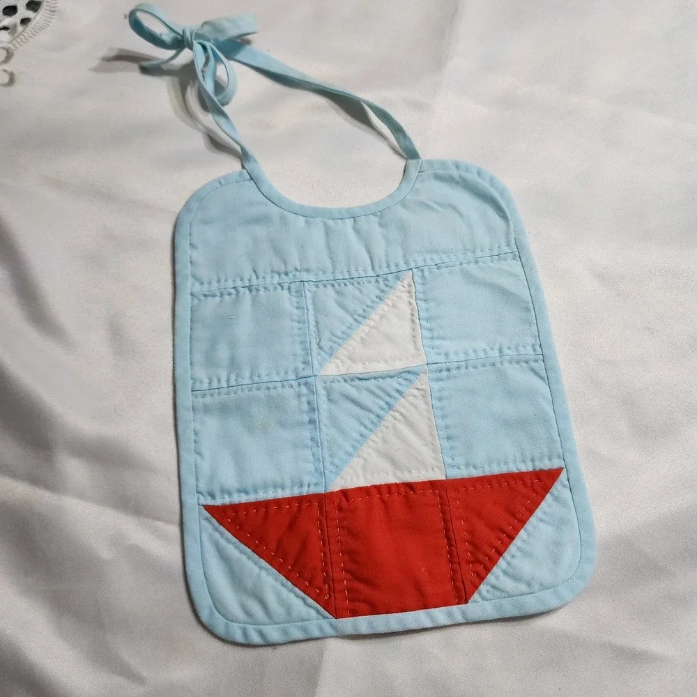 Vintage Handmade Quilted Baby Bib Sailboat Nautical Blue Red Cotton Tie Closure